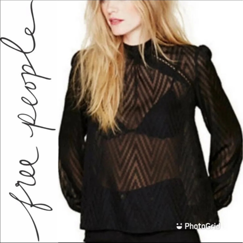 Free People Sheer Mock Neck Chevron Top, Size Small